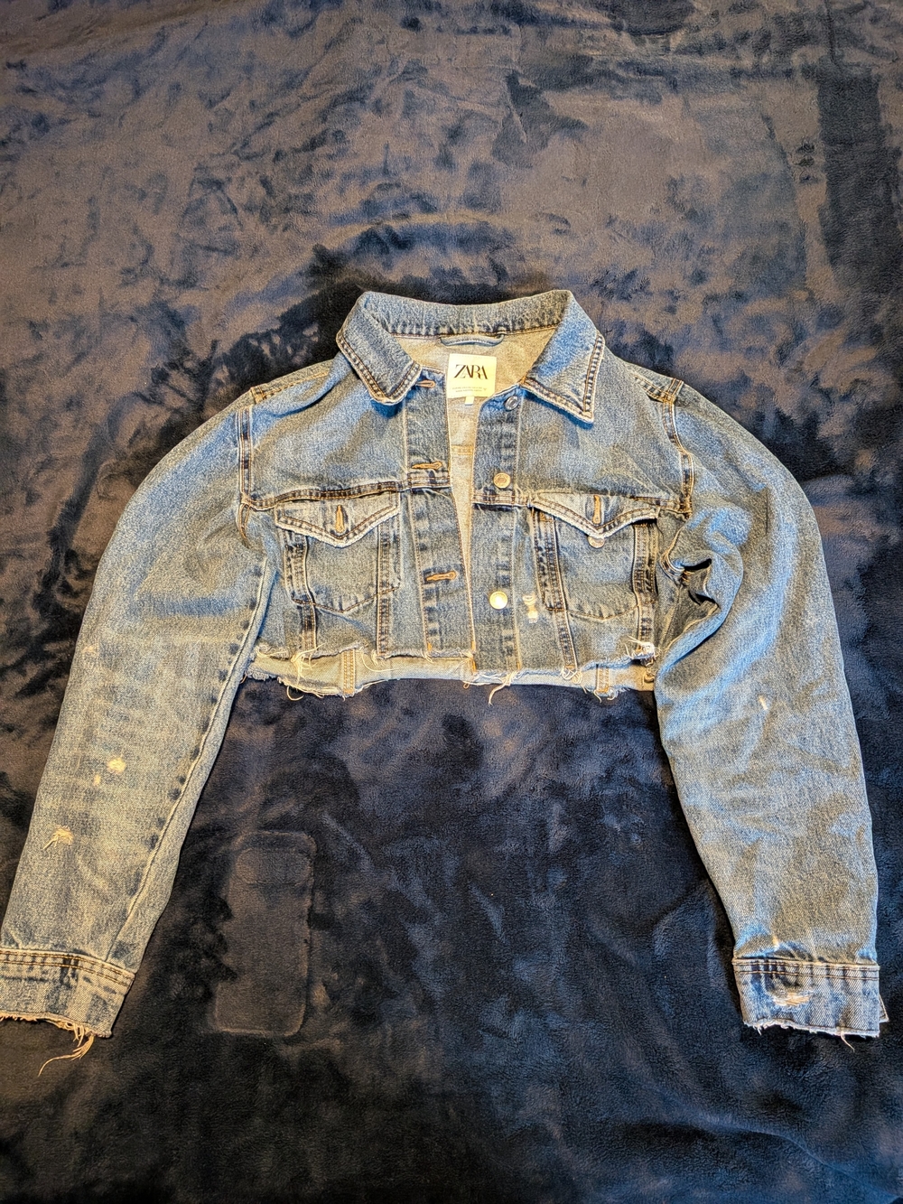 Zara Women Blue Cropped Jean Jacket Button Front Collared Pockets XL